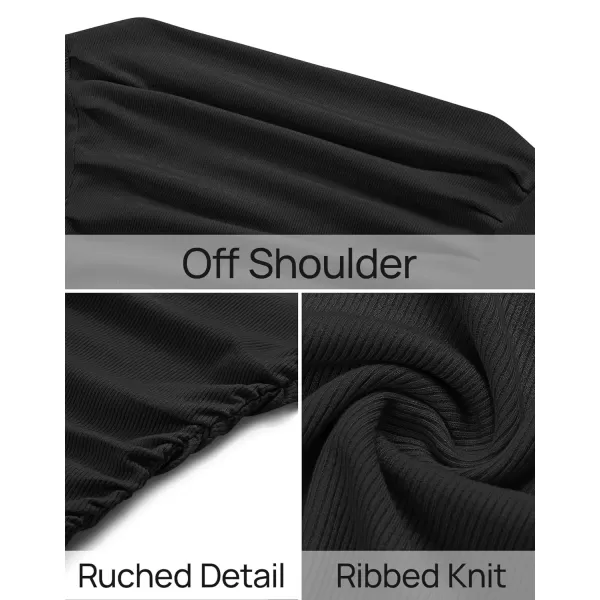 imageZESICA Womens Off The Shoulder Long Sleeve Tops 2024 Casual Ruched Slim Fitted Solid Color Basic Tee Shirts Fall OutfitsBlack