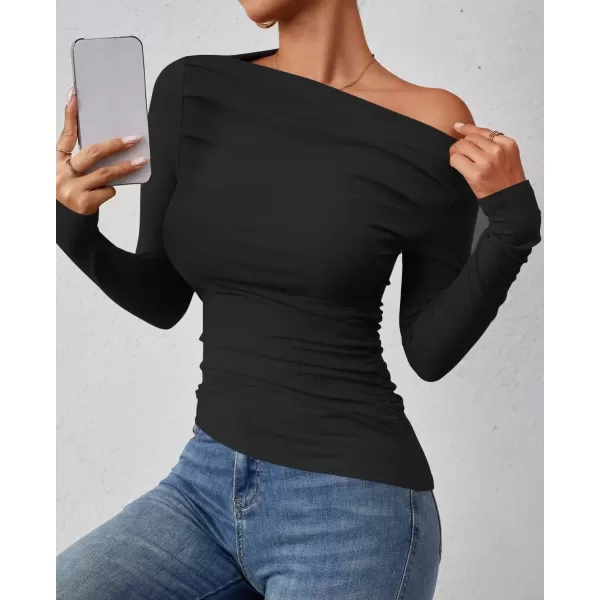 imageZESICA Womens Off The Shoulder Long Sleeve Tops 2024 Casual Ruched Slim Fitted Solid Color Basic Tee Shirts Fall OutfitsBlack