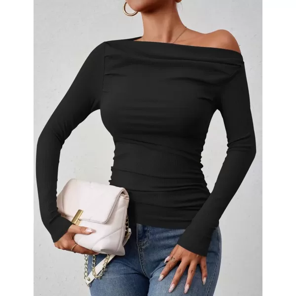 imageZESICA Womens Off The Shoulder Long Sleeve Tops 2024 Casual Ruched Slim Fitted Solid Color Basic Tee Shirts Fall OutfitsBlack