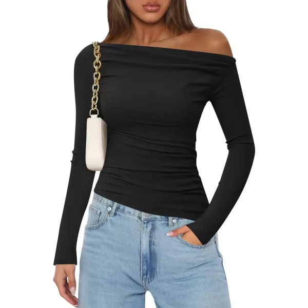 imageZESICA Womens Off The Shoulder Long Sleeve Tops 2024 Casual Ruched Slim Fitted Solid Color Basic Tee Shirts Fall OutfitsBlack