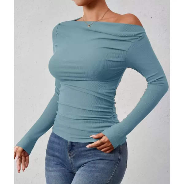 imageZESICA Womens Off The Shoulder Long Sleeve Tops 2024 Casual Ruched Slim Fitted Solid Color Basic Tee Shirts Fall OutfitsBlue