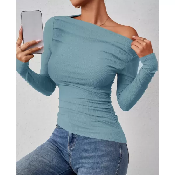 imageZESICA Womens Off The Shoulder Long Sleeve Tops 2024 Casual Ruched Slim Fitted Solid Color Basic Tee Shirts Fall OutfitsBlue