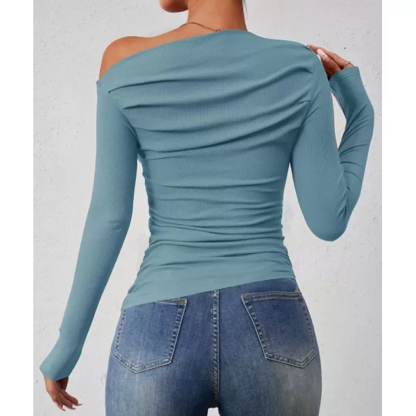 imageZESICA Womens Off The Shoulder Long Sleeve Tops 2024 Casual Ruched Slim Fitted Solid Color Basic Tee Shirts Fall OutfitsBlue