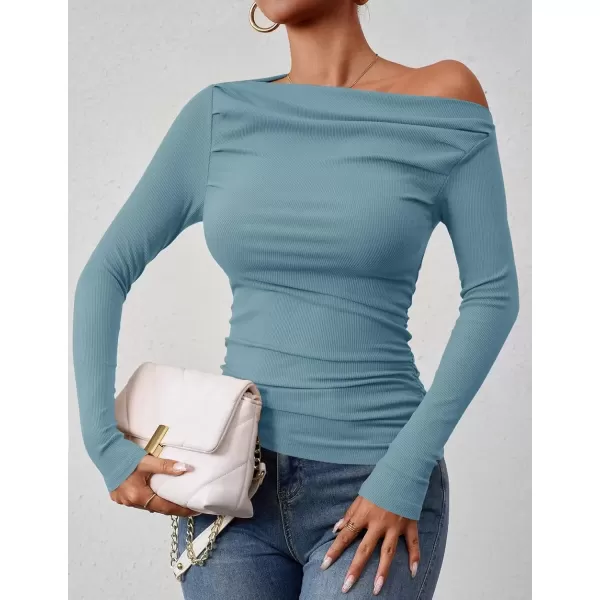 imageZESICA Womens Off The Shoulder Long Sleeve Tops 2024 Casual Ruched Slim Fitted Solid Color Basic Tee Shirts Fall OutfitsBlue