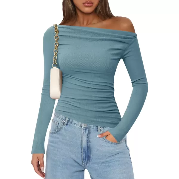 imageZESICA Womens Off The Shoulder Long Sleeve Tops 2024 Casual Ruched Slim Fitted Solid Color Basic Tee Shirts Fall OutfitsBlue