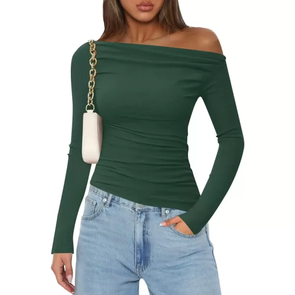 imageZESICA Womens Off The Shoulder Long Sleeve Tops 2024 Casual Ruched Slim Fitted Solid Color Basic Tee Shirts Fall OutfitsCamo Green