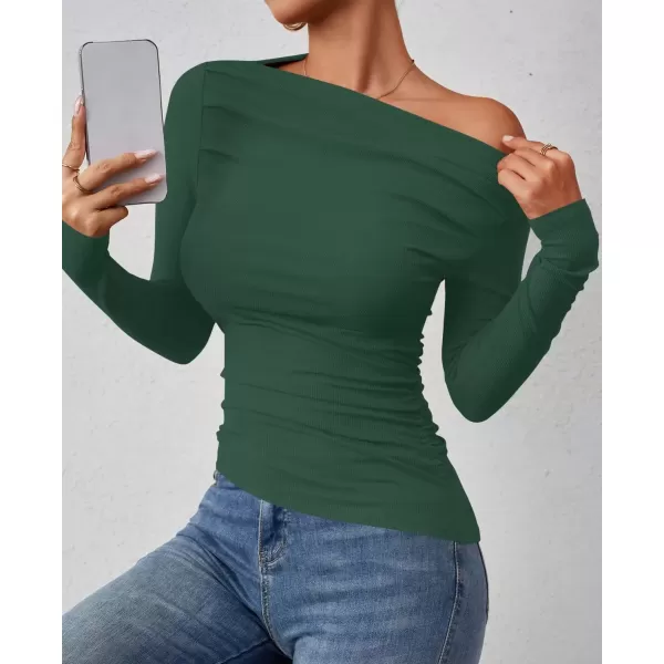 imageZESICA Womens Off The Shoulder Long Sleeve Tops 2024 Casual Ruched Slim Fitted Solid Color Basic Tee Shirts Fall OutfitsCamo Green