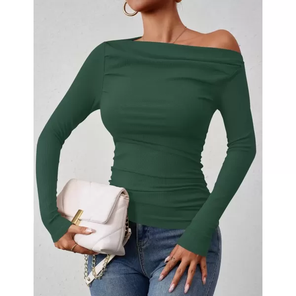 imageZESICA Womens Off The Shoulder Long Sleeve Tops 2024 Casual Ruched Slim Fitted Solid Color Basic Tee Shirts Fall OutfitsCamo Green