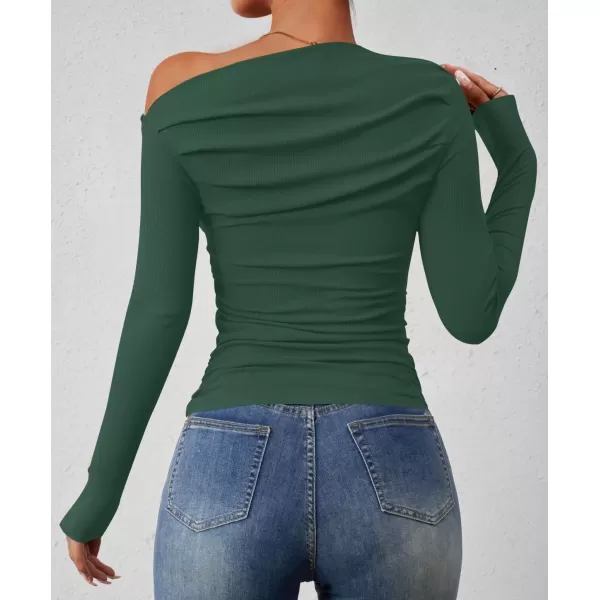 imageZESICA Womens Off The Shoulder Long Sleeve Tops 2024 Casual Ruched Slim Fitted Solid Color Basic Tee Shirts Fall OutfitsCamo Green