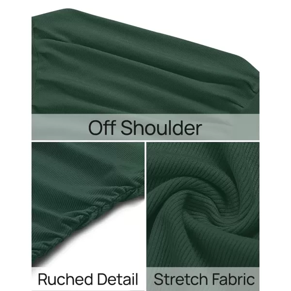 imageZESICA Womens Off The Shoulder Long Sleeve Tops 2024 Casual Ruched Slim Fitted Solid Color Basic Tee Shirts Fall OutfitsCamo Green