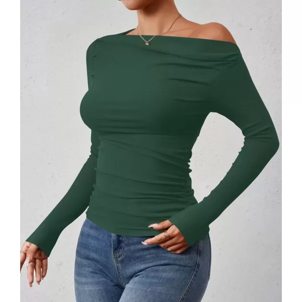 imageZESICA Womens Off The Shoulder Long Sleeve Tops 2024 Casual Ruched Slim Fitted Solid Color Basic Tee Shirts Fall OutfitsCamo Green