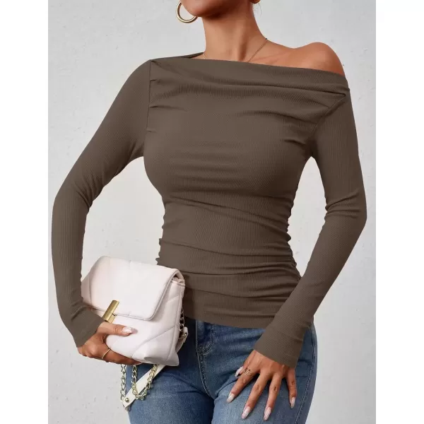 imageZESICA Womens Off The Shoulder Long Sleeve Tops 2024 Casual Ruched Slim Fitted Solid Color Basic Tee Shirts Fall OutfitsCoffee