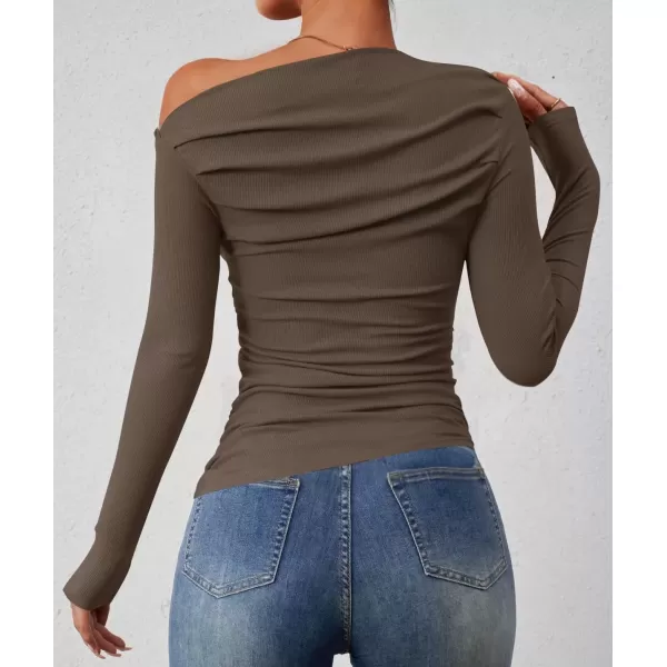 imageZESICA Womens Off The Shoulder Long Sleeve Tops 2024 Casual Ruched Slim Fitted Solid Color Basic Tee Shirts Fall OutfitsCoffee