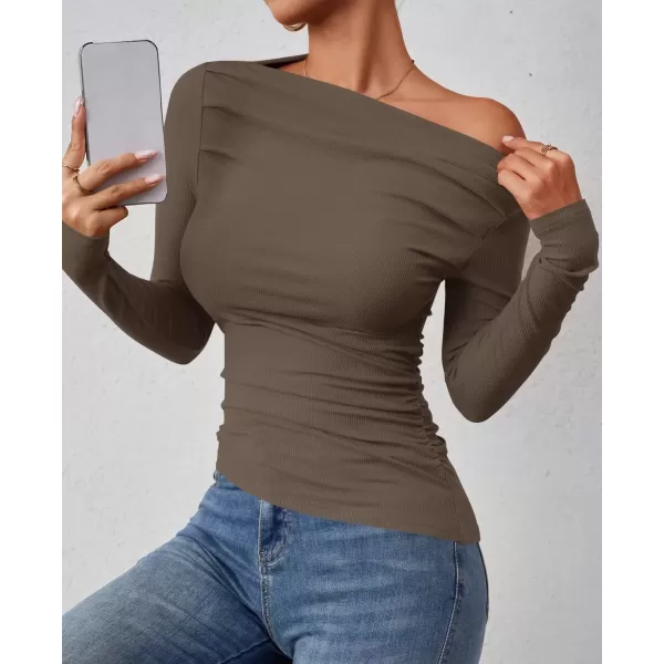 imageZESICA Womens Off The Shoulder Long Sleeve Tops 2024 Casual Ruched Slim Fitted Solid Color Basic Tee Shirts Fall OutfitsCoffee