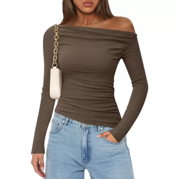 imageZESICA Womens Off The Shoulder Long Sleeve Tops 2024 Casual Ruched Slim Fitted Solid Color Basic Tee Shirts Fall OutfitsCoffee