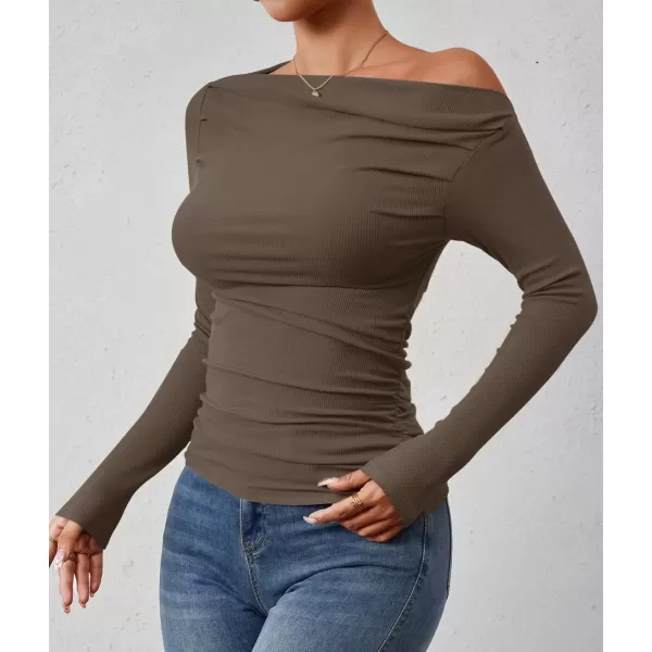 imageZESICA Womens Off The Shoulder Long Sleeve Tops 2024 Casual Ruched Slim Fitted Solid Color Basic Tee Shirts Fall OutfitsCoffee