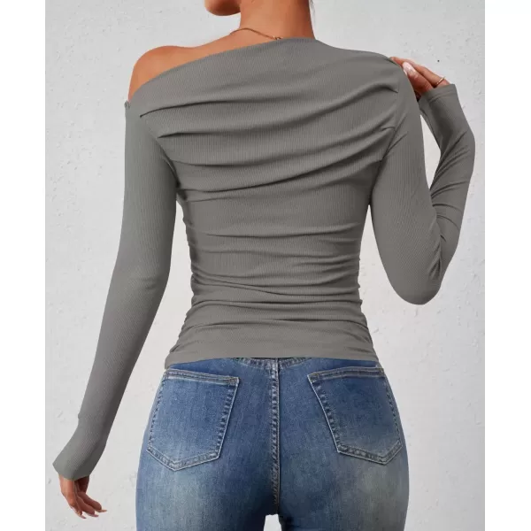 imageZESICA Womens Off The Shoulder Long Sleeve Tops 2024 Casual Ruched Slim Fitted Solid Color Basic Tee Shirts Fall OutfitsGrey
