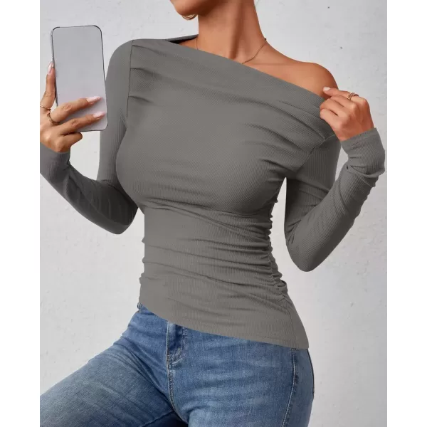 imageZESICA Womens Off The Shoulder Long Sleeve Tops 2024 Casual Ruched Slim Fitted Solid Color Basic Tee Shirts Fall OutfitsGrey