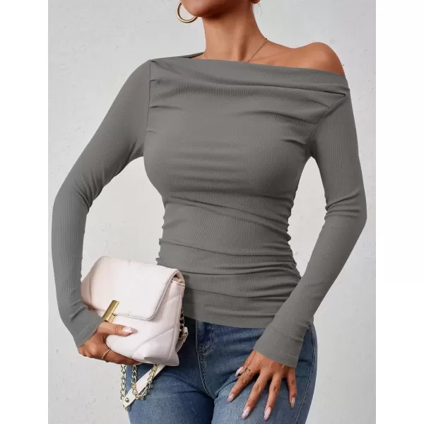 imageZESICA Womens Off The Shoulder Long Sleeve Tops 2024 Casual Ruched Slim Fitted Solid Color Basic Tee Shirts Fall OutfitsGrey