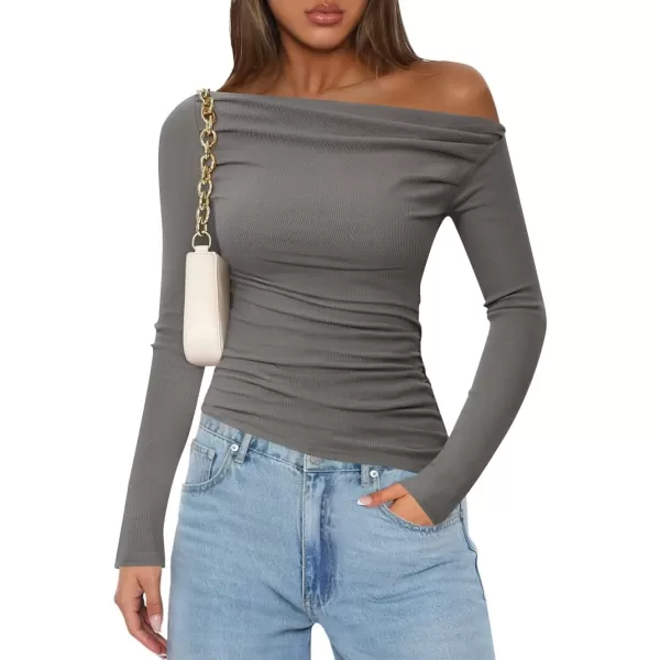imageZESICA Womens Off The Shoulder Long Sleeve Tops 2024 Casual Ruched Slim Fitted Solid Color Basic Tee Shirts Fall OutfitsGrey