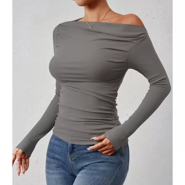 imageZESICA Womens Off The Shoulder Long Sleeve Tops 2024 Casual Ruched Slim Fitted Solid Color Basic Tee Shirts Fall OutfitsGrey