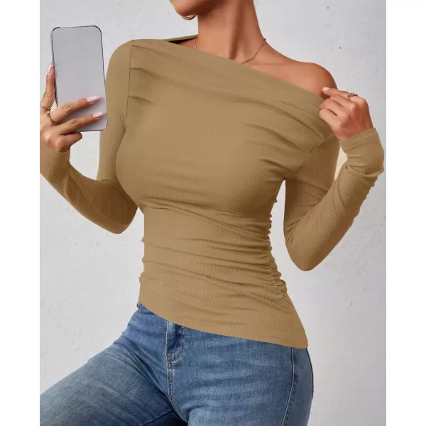 imageZESICA Womens Off The Shoulder Long Sleeve Tops 2024 Casual Ruched Slim Fitted Solid Color Basic Tee Shirts Fall OutfitsKhaki