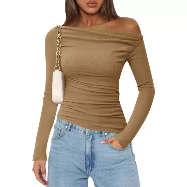 imageZESICA Womens Off The Shoulder Long Sleeve Tops 2024 Casual Ruched Slim Fitted Solid Color Basic Tee Shirts Fall OutfitsKhaki