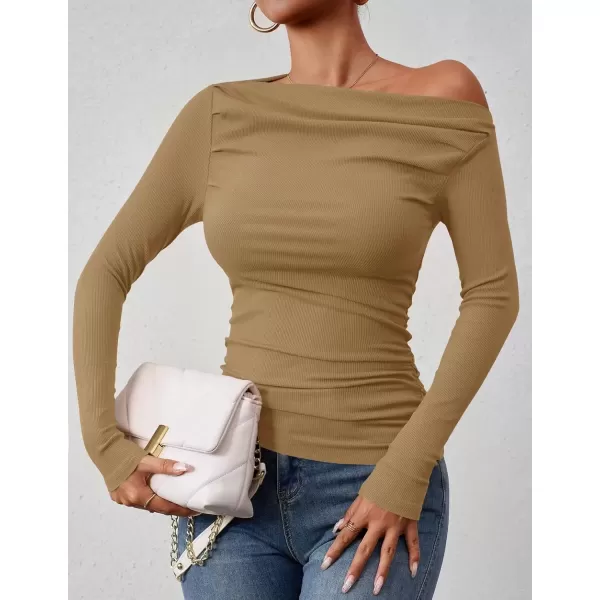 imageZESICA Womens Off The Shoulder Long Sleeve Tops 2024 Casual Ruched Slim Fitted Solid Color Basic Tee Shirts Fall OutfitsKhaki