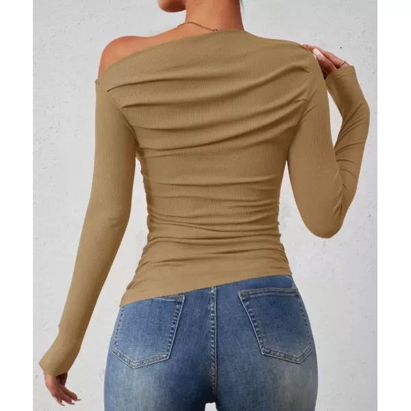 imageZESICA Womens Off The Shoulder Long Sleeve Tops 2024 Casual Ruched Slim Fitted Solid Color Basic Tee Shirts Fall OutfitsKhaki