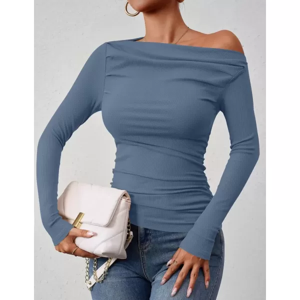 imageZESICA Womens Off The Shoulder Long Sleeve Tops 2024 Casual Ruched Slim Fitted Solid Color Basic Tee Shirts Fall OutfitsMid Blue