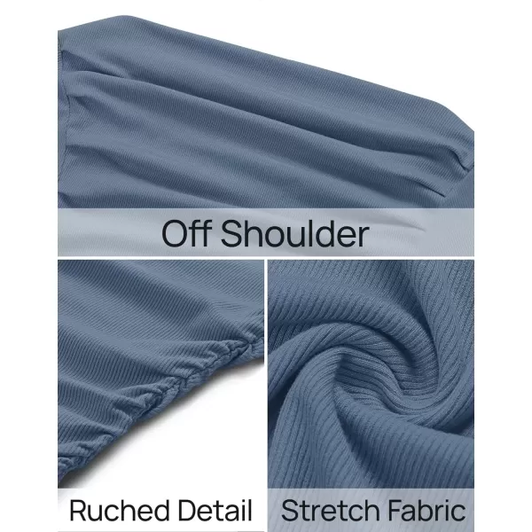 imageZESICA Womens Off The Shoulder Long Sleeve Tops 2024 Casual Ruched Slim Fitted Solid Color Basic Tee Shirts Fall OutfitsMid Blue
