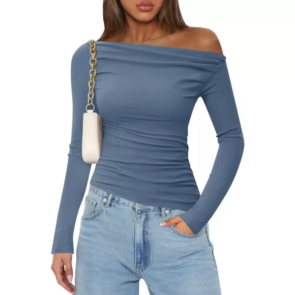 imageZESICA Womens Off The Shoulder Long Sleeve Tops 2024 Casual Ruched Slim Fitted Solid Color Basic Tee Shirts Fall OutfitsMid Blue