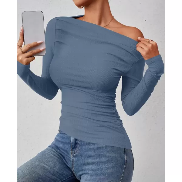 imageZESICA Womens Off The Shoulder Long Sleeve Tops 2024 Casual Ruched Slim Fitted Solid Color Basic Tee Shirts Fall OutfitsMid Blue