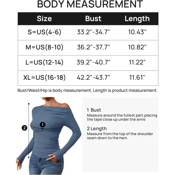 imageZESICA Womens Off The Shoulder Long Sleeve Tops 2024 Casual Ruched Slim Fitted Solid Color Basic Tee Shirts Fall OutfitsMid Blue