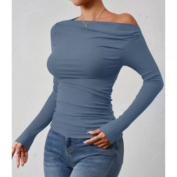 imageZESICA Womens Off The Shoulder Long Sleeve Tops 2024 Casual Ruched Slim Fitted Solid Color Basic Tee Shirts Fall OutfitsMid Blue
