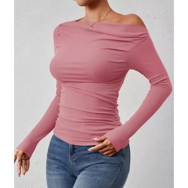 imageZESICA Womens Off The Shoulder Long Sleeve Tops 2024 Casual Ruched Slim Fitted Solid Color Basic Tee Shirts Fall OutfitsPink