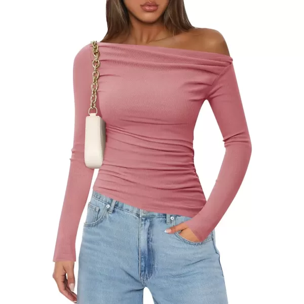 imageZESICA Womens Off The Shoulder Long Sleeve Tops 2024 Casual Ruched Slim Fitted Solid Color Basic Tee Shirts Fall OutfitsPink