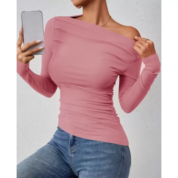 imageZESICA Womens Off The Shoulder Long Sleeve Tops 2024 Casual Ruched Slim Fitted Solid Color Basic Tee Shirts Fall OutfitsPink