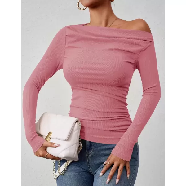 imageZESICA Womens Off The Shoulder Long Sleeve Tops 2024 Casual Ruched Slim Fitted Solid Color Basic Tee Shirts Fall OutfitsPink