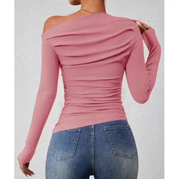 imageZESICA Womens Off The Shoulder Long Sleeve Tops 2024 Casual Ruched Slim Fitted Solid Color Basic Tee Shirts Fall OutfitsPink