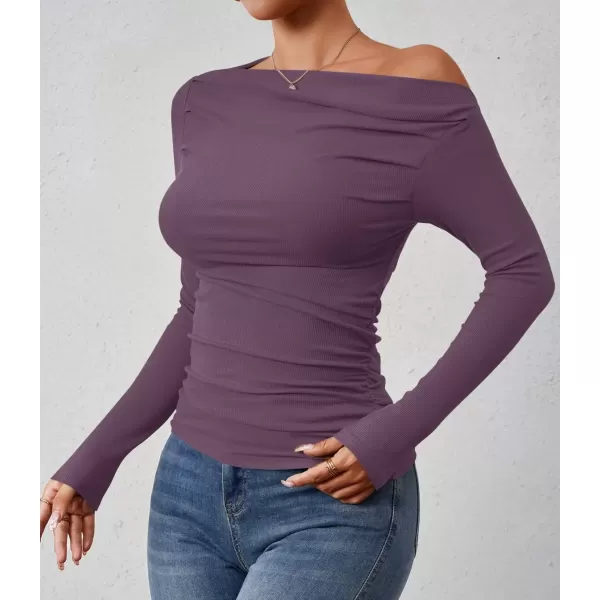 imageZESICA Womens Off The Shoulder Long Sleeve Tops 2024 Casual Ruched Slim Fitted Solid Color Basic Tee Shirts Fall OutfitsPurple