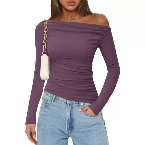imageZESICA Womens Off The Shoulder Long Sleeve Tops 2024 Casual Ruched Slim Fitted Solid Color Basic Tee Shirts Fall OutfitsPurple