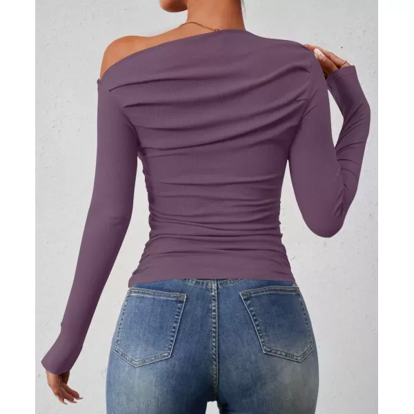 imageZESICA Womens Off The Shoulder Long Sleeve Tops 2024 Casual Ruched Slim Fitted Solid Color Basic Tee Shirts Fall OutfitsPurple