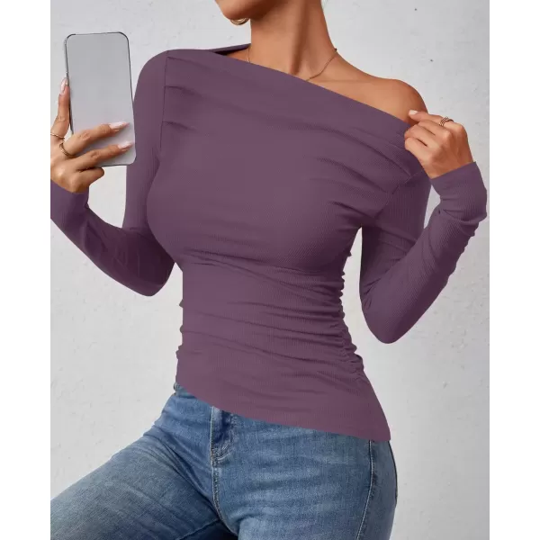 imageZESICA Womens Off The Shoulder Long Sleeve Tops 2024 Casual Ruched Slim Fitted Solid Color Basic Tee Shirts Fall OutfitsPurple