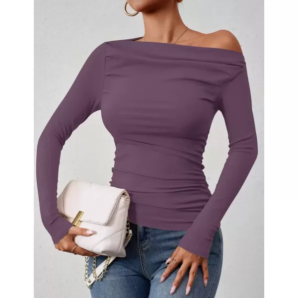 imageZESICA Womens Off The Shoulder Long Sleeve Tops 2024 Casual Ruched Slim Fitted Solid Color Basic Tee Shirts Fall OutfitsPurple