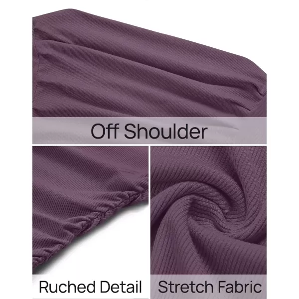 imageZESICA Womens Off The Shoulder Long Sleeve Tops 2024 Casual Ruched Slim Fitted Solid Color Basic Tee Shirts Fall OutfitsPurple