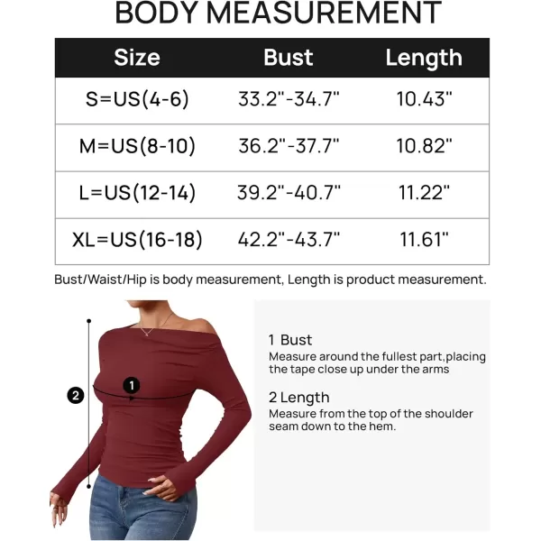 imageZESICA Womens Off The Shoulder Long Sleeve Tops 2024 Casual Ruched Slim Fitted Solid Color Basic Tee Shirts Fall OutfitsRed