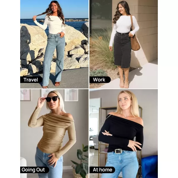 imageZESICA Womens Off The Shoulder Long Sleeve Tops 2024 Casual Ruched Slim Fitted Solid Color Basic Tee Shirts Fall OutfitsRed