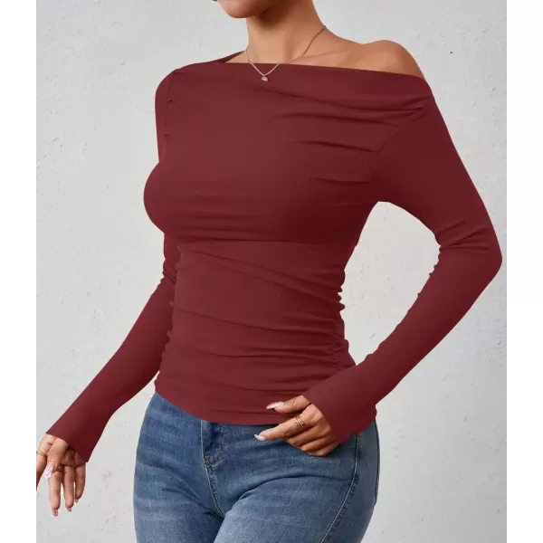 imageZESICA Womens Off The Shoulder Long Sleeve Tops 2024 Casual Ruched Slim Fitted Solid Color Basic Tee Shirts Fall OutfitsRed