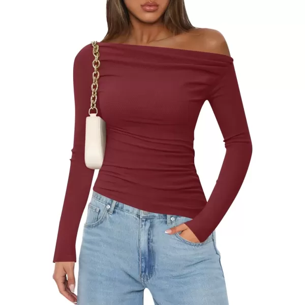 imageZESICA Womens Off The Shoulder Long Sleeve Tops 2024 Casual Ruched Slim Fitted Solid Color Basic Tee Shirts Fall OutfitsRed